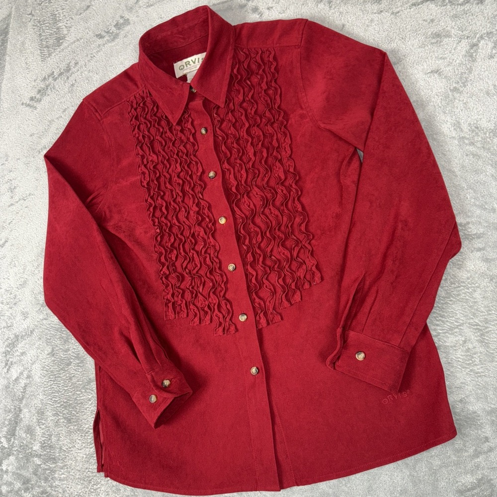 Orvis Tuxedo Ruffle Blouse Sz 6 Sueded Polyester Button Up Rodeo Red - Picture 5 of 10